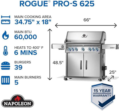 Napoleon Rogue PRO-S 625 Propane Gas Grill with Infrared Side and Rear Burners, Stainless Steel, Durable 7-Burner Ultimate Grilling Experience