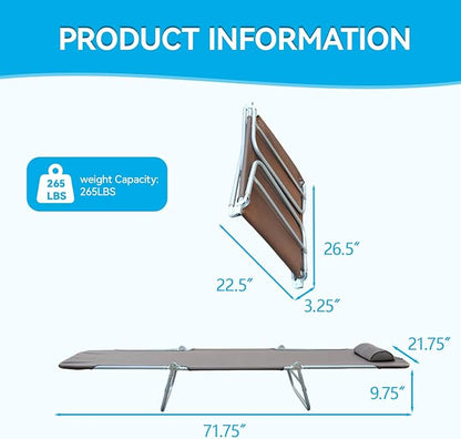 Outdoor Chaise Lounge with Detachable Pillow, Reclining Folding Chair with 5-Position Adjustable Back, Portable Tanning Chair for Beach, Pool, Lawn, Breathable Mesh Seat, No Assembly