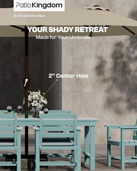 7-Piece Light Blue HDPE Patio Table and Chairs Set, Weather Resistant Outdoor HDPE Dining Table Sets with Umbrella Hole for Lawn, Garden, Deck, Poolside, Balcony