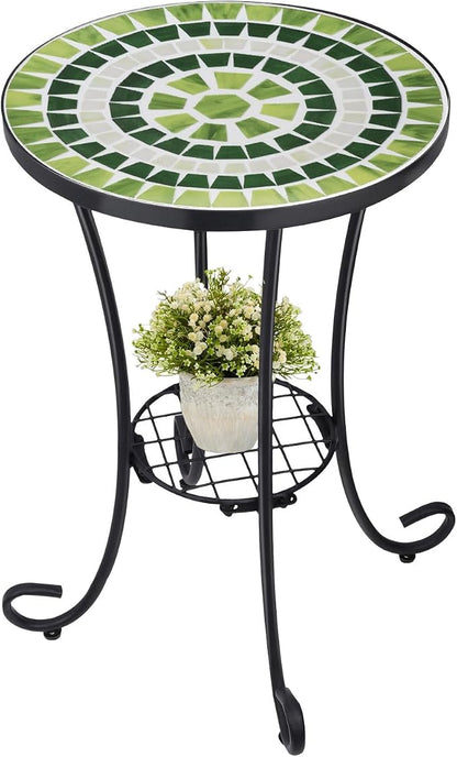 VCUTEKA Outdoor Side Table Mosaic Patio Table Accent Tables Mosaic Tile Top Metal Frame Small End Tables Porch Beach Patio Garden Balcony Grass Green