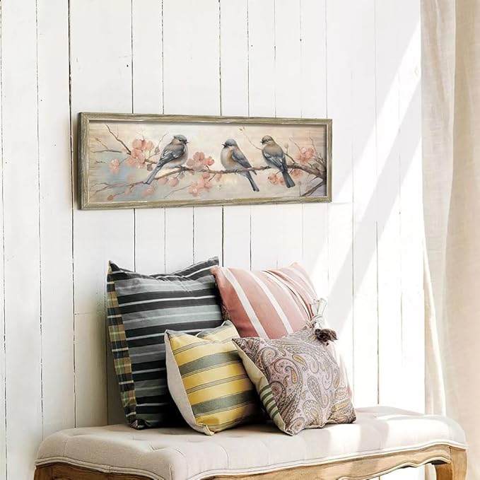 Rustic Chickadee Framed Wall Art: Vintage Bird Wooden Painting Colorful Cute Sparrow Picture Pink Flower Branch Prints Countryside Artwork Decor for Living Room Bedroom Farmhouse