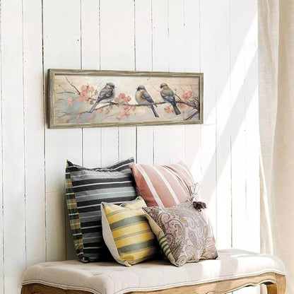 Rustic Chickadee Framed Wall Art: Vintage Bird Wooden Painting Colorful Cute Sparrow Picture Pink Flower Branch Prints Countryside Artwork Decor for Living Room Bedroom Farmhouse