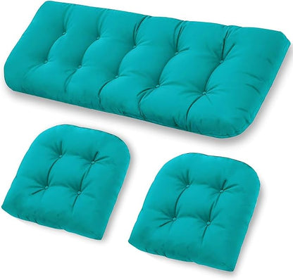 Patio Furniture Cushions Outdoor, Waterproof Wicker Chair Cushions Set of 3, 1 Loveseat & 2 Seat Pads, Thick Outdoor Replacement Cushions for Porch Lawn Bench Couch Sofa Swing, Lake Blue