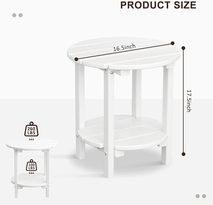 2 Tier Round Outdoor Side Table with Wood-Like Grain, HDPE Adirondack Table Patio Side Table, Weather Resistant End Table for Pool, Patio & Porch, Small Outdoor Table (White, Round)