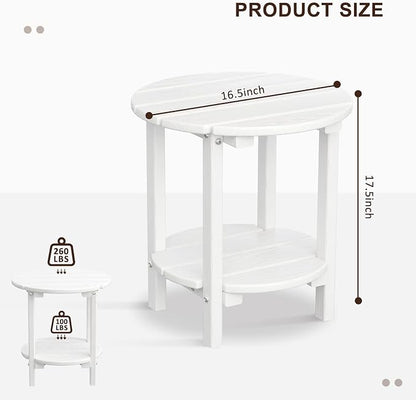2 Tier Round Outdoor Side Table with Wood-Like Grain, HDPE Adirondack Table Patio Side Table, Weather Resistant End Table for Pool, Patio & Porch, Small Outdoor Table (White, Round)