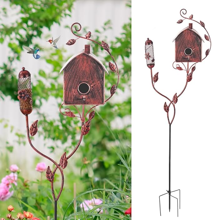 49" Bird Houses for Outside with Pole, Outdoor Metal Birdhouse with Mesh Feeder for Patio, Yard, Garden, Reddish Brown