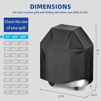BBQ Gas Grill Cover for Outdoor, Anti-UV, Rip-Proof, 600D Oxford Fade Resistant Material, Barbecue Cover with Hook and Loop Straps & Adjustable Hem Drawstring (Black, 32”x26”x43”)