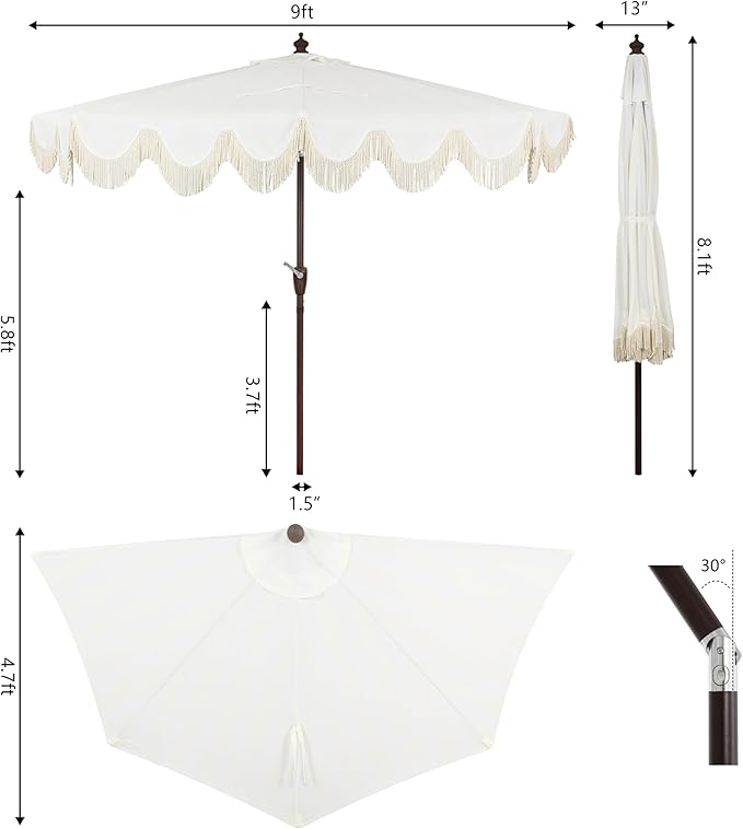 JONATHAN Y Half Umbrella UMB1201D Beverly 9 ft. Designer Classic Scalloped Fringe Market Patio with Crank, Push Button Tilt and UV Protection in Cream/White
