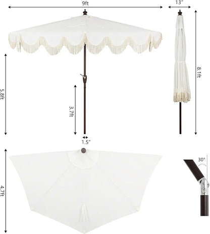JONATHAN Y Half Umbrella UMB1201D Beverly 9 ft. Designer Classic Scalloped Fringe Market Patio with Crank, Push Button Tilt and UV Protection in Cream/White
