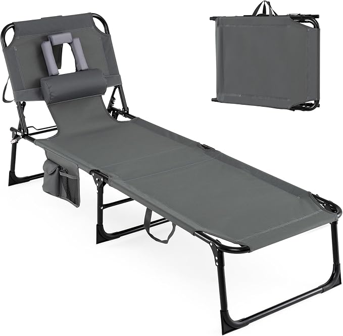 Goplus Tanning Chair, Folding Adjustable Patio Lounge Chair with Face Hole, Removable Pillow, 330LBS, Carry Strap, Outdoor Sunbathing Chair, Lightweight Portable Beach Lounge Chair, No Assembly
