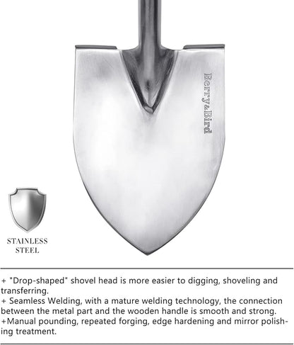 Berry&Bird Shovels for Digging, 43’’ Round Spade Heavy Duty Shovel with Wooden D Handle Stainless Steel Snow Shovel Garden Shovel Yard for Transplanting & Outdoor
