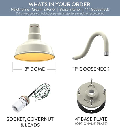 Steel Lighting Co. | Dusk to Dawn | Hawthorne Barn Light | Outdoor Wall Mounted | 8 in Dome | 11 inch Gooseneck| Small Farmhouse Light Made in America | Cream/Brass