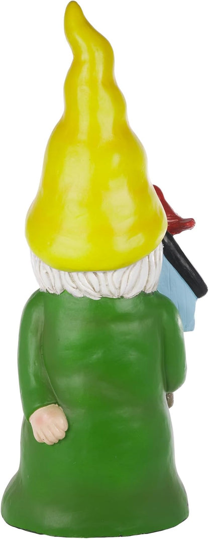 Alpine Corporation 24" Tall Outdoor Yellow Hat Place Like Home Gnome Statue Holding Bird House, Weatherproof Garden Decor