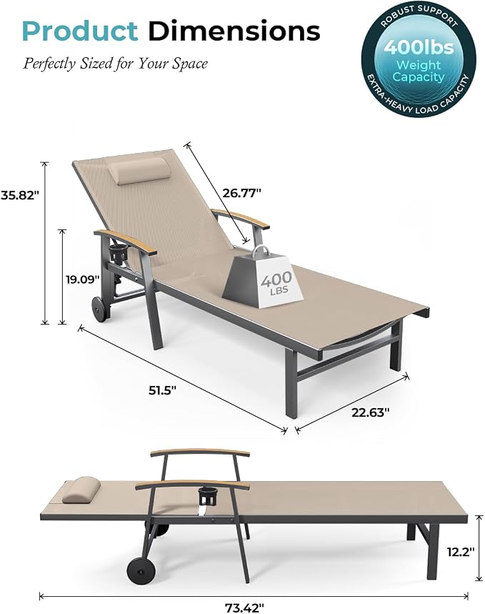 Ciokea Outdoor Lounge Chair with Pillow Set of 4, 5-Position Chaise Lounges with Wheels & Armrests, 400 lbs Heavy Duty Aluminum Pool Lounge Chairs, for Deck, Beach, Backyard & Poolside, Khaki
