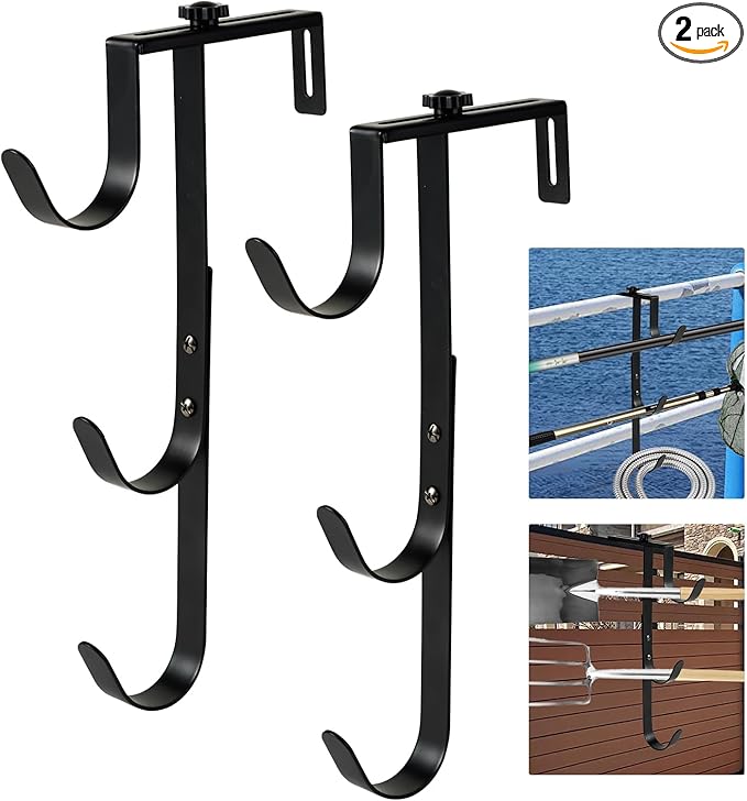 2Pcs Black Pool Pole Hangers, Adjustable Heavy Duty Swimming Pool Fence Hooks for Pool Equipment, Skimmers, Leaf Rakes, Nets, Brushes, Vacuum Hose, Garden Tool Organizer