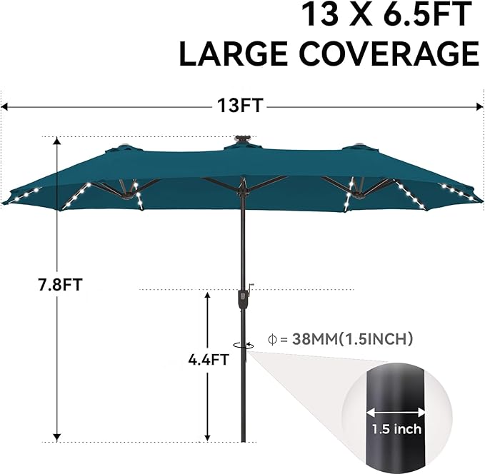 GREEN PARTY 13 ft Rectangle Patio Umbrella with Solar Lights, Double-Sided Market Table Umbrella with Crank, Large Outdoor Umbrellas for Patio Poolside Garden Backyard, Cerulean