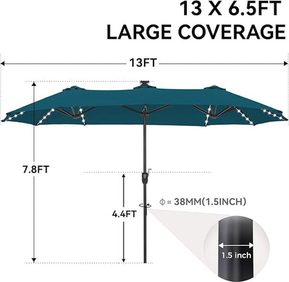 GREEN PARTY 13 ft Rectangle Patio Umbrella with Solar Lights, Double-Sided Market Table Umbrella with Crank, Large Outdoor Umbrellas for Patio Poolside Garden Backyard, Cerulean