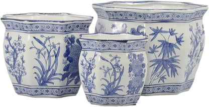 Galt International Blue & White Round Fluted Floral Palm Lotus Porcelain Ceramic Plant Flower Planter Pot Set of 3 (7.5", 10", 13") Garden Pots Chinese Asian Design