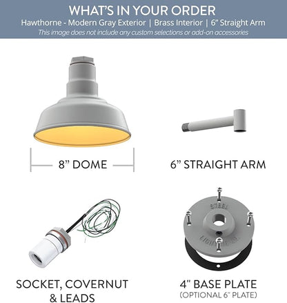 Steel Lighting Co. | Dusk to Dawn | Hawthorne Barn Light | Outdoor Wall Mounted | 8 in Dome | 6 in Straight Arm| Small Farmhouse Light Made in America | Modern Gray/Brass