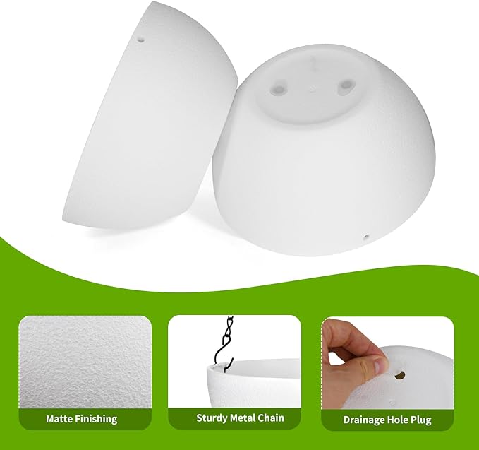 13 inch Hanging Planters for Indoor Outdoor Plants, 2 Pack Hanging Pots with Drainage Holes and Chain, Plastic Hanging Plant Pots for Garden Home Decor, White