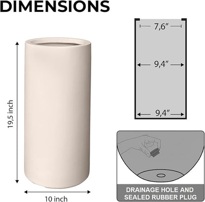 19.5" H x 9.8" D Tubo Fiberstone Cylinder Tall Planter with Drainage Hole, Smooth Finishes, Weather Resistant, Included 2 Extra Coco Mats (Kilim Beige, 8.2" Pot Opening)