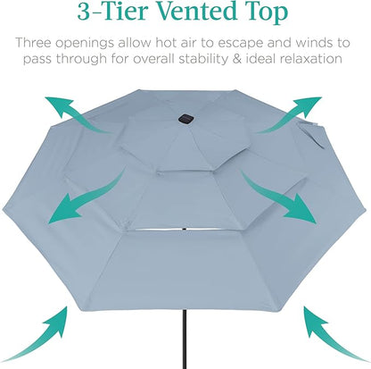 Best Choice Products 10ft 3-Tier Solar Patio Umbrella, Outdoor Market Sun Shade for Backyard, Deck, Poolside w/ 24 LED Lights, Tilt Adjustment, Easy Crank, 8 Ribs - Breeze Blue