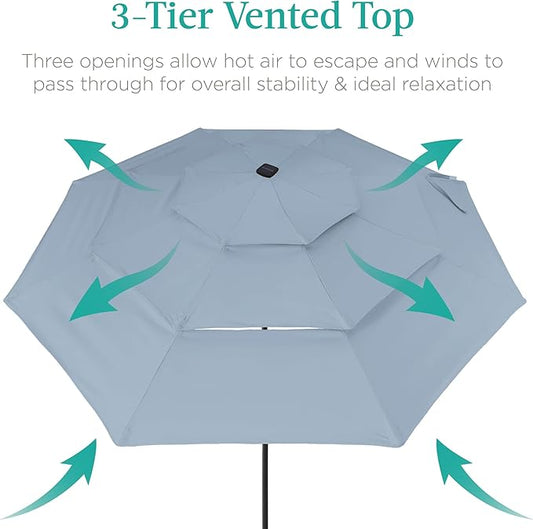 Best Choice Products 10ft 3-Tier Solar Patio Umbrella, Outdoor Market Sun Shade for Backyard, Deck, Poolside w/ 24 LED Lights, Tilt Adjustment, Easy Crank, 8 Ribs - Breeze Blue