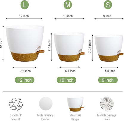 UOUZ Large Self Watering Pots, 12/10/9 Plastic Planters with High Drainage Holes and Deep Reservoir for Indoor Outdoor Garden Plants and Flowers, White with Brown