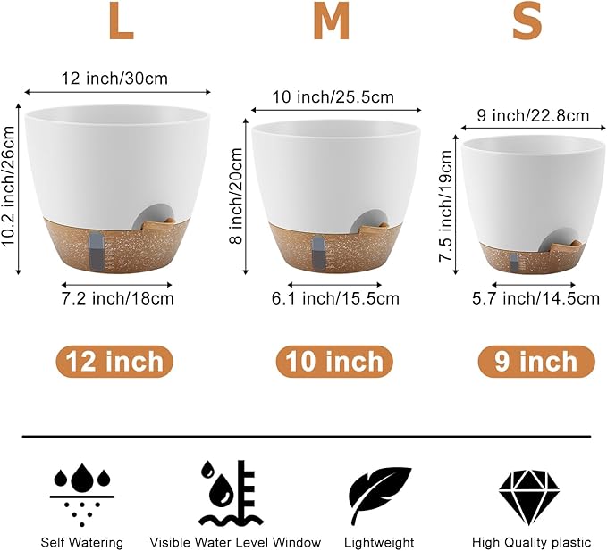 QRRICA 12/10/9 Inch Self-Watering Plant Pots with Water Level Indicator, Drainage Holes & Saucers – Large Plastic Planter Set for Indoor & Outdoor Plants (White)