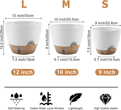 QRRICA 12/10/9 Inch Self-Watering Plant Pots with Water Level Indicator, Drainage Holes & Saucers – Large Plastic Planter Set for Indoor & Outdoor Plants (White)