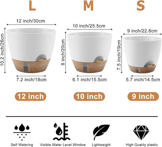 QRRICA 12/10/9 Inch Self-Watering Plant Pots with Water Level Indicator, Drainage Holes & Saucers – Large Plastic Planter Set for Indoor & Outdoor Plants (White)