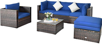 HAPPYGRILL 6-Pieces Patio Conversation Set Outdoor Rattan Wicker Furniture Set, Sectional Sofa Set with Glass Coffee Table Top, Ottoman, Cushions for Backyard Couch Garden Poolside Balcony