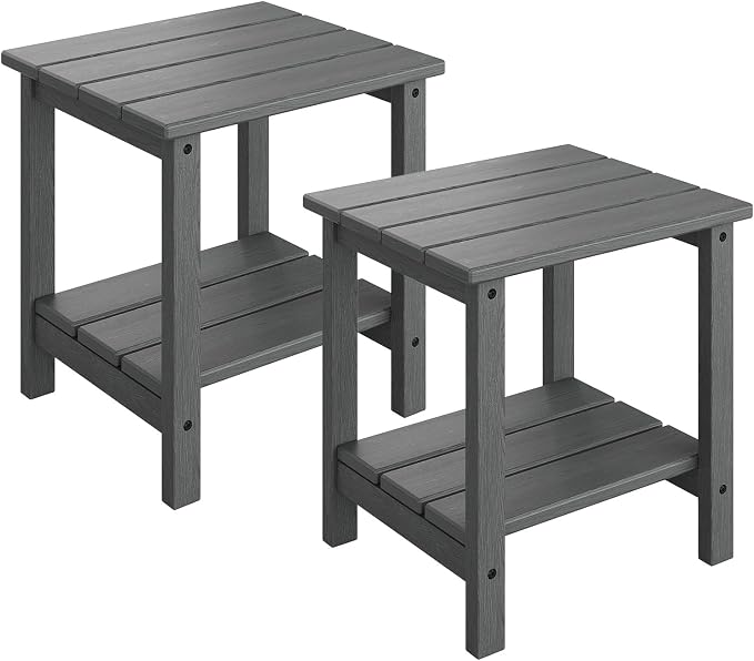 GarveeLife Outdoor Side Table 2-Tier, 18 in HDPE All Weather Resistant Patio Side Tables for Outside, End Table for Patio Pool Deck Indoor Backyard, Grey-2Pcs