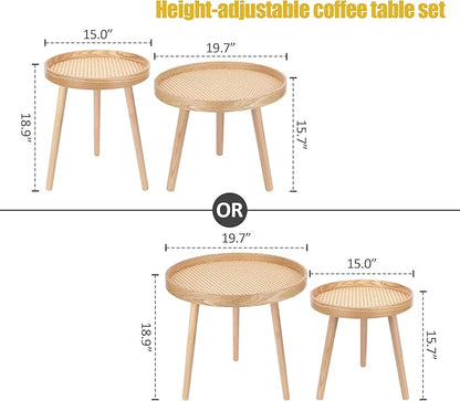 Round Coffee Table Set of 2, Natural Boho Coffee Tables, Small Mid Century Modern Rattan Coffee Table, Boho Side Table End Tables for Living Room Bedroom Office