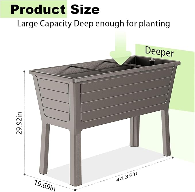 Vixzen Double Raised Garden Bed with Drain Hole and Water Level Detector,Durable Resin Planter Box,Separate Water and Soil Storage Areas,for Garden, Patio, Balcony (Grey, 44.33 * 29.92 * 19.69)