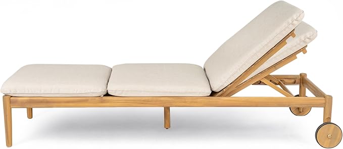 Christopher Knight Home Riviera Acacia Wood Chaise Lounge Chair Outdoor Set of 2, Wooden Patio Outdoor Chaise Lounge with Wheels and Cushions, Adjustable Backrest Single Lounge Sofa, Light Teak+Beige