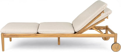 Christopher Knight Home Riviera Acacia Wood Chaise Lounge Chair Outdoor Set of 2, Wooden Patio Outdoor Chaise Lounge with Wheels and Cushions, Adjustable Backrest Single Lounge Sofa, Light Teak+Beige