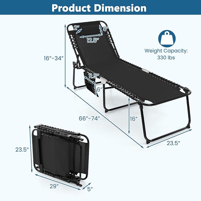 Giantex Patio Lounge Chairs for Outside - Set of 2 Folding Tanning Chair w/Headrest, 4 Adjustable Positions, Side Pocket, Outdoor Chaise Lounge for Camping, Pool, Sunbathing Beach Chair, Black