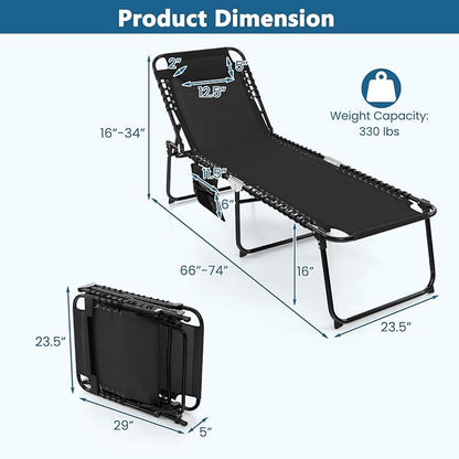 Giantex Patio Lounge Chairs for Outside - Set of 2 Folding Tanning Chair w/Headrest, 4 Adjustable Positions, Side Pocket, Outdoor Chaise Lounge for Camping, Pool, Sunbathing Beach Chair, Black