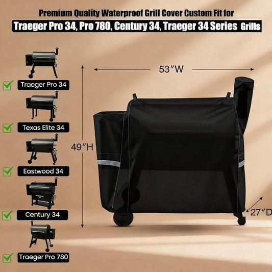 QuliMetal Grill Cover for Traeger Pro 34/780 Series - 600D Heavy Duty Waterproof Smoker Cover Grill for Treager Pro 34,Pro 780, Texas,Z Grills,BAC380 Full-Length Grill Cover Grill Accessory
