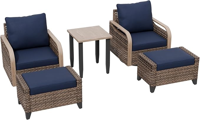 Modern Wicker Bistro Table and Chairs Set, Rattan Outdoor Bistro Set with Swivel Rocking Chairs, Ottomans & Table, 5 Pieces, Brown/Blue