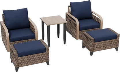 Modern Wicker Bistro Table and Chairs Set, Rattan Outdoor Bistro Set with Swivel Rocking Chairs, Ottomans & Table, 5 Pieces, Brown/Blue