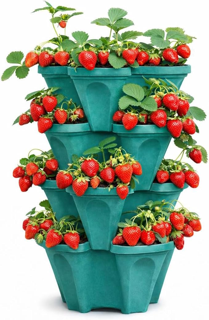Strawberry Planter Tower, 4 Tier Stackable Vertical Planter, 28 Plant Sites, Space Saving Garden Planter, Indoor Outdoor, Made in USA (Mineral Teal, Small)