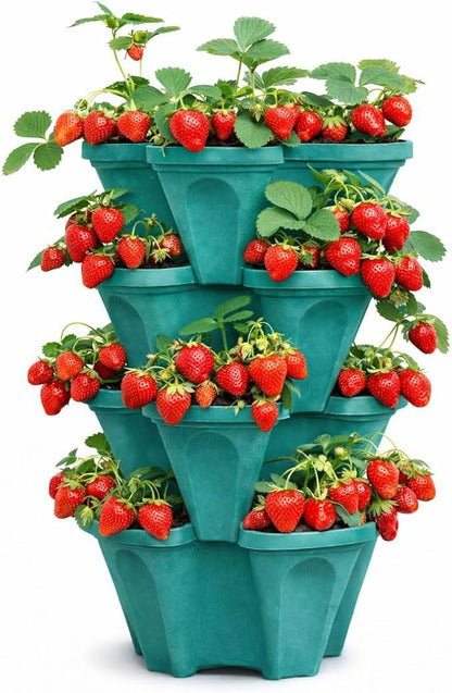 Large Vertical Planter Tower, 4 Tier Stackable Garden Planter, 28 Plant Sites, Heavy Duty Strawberry Planter, Vertical Growing System with Center Hole, Made in USA (Mineral Teal, Large)