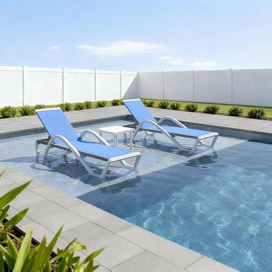 PURPLE LEAF Patio Chaise Lounge Chair Set of 3 Outside Aluminum Plastic Stackable Tanning Chairs with Armrests and Side Table for Pool Sunbathing Beach Deck Outdoor Lounger, Royal Blue