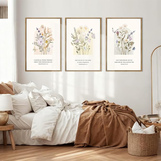 IARTTOP Large Christian Easter Wall Art Framed 16x24 Inch Set of 3 Floral Bible Verse Scripture Artwork Minimalist Botanical Religious Canvas Wall Decor for Church Living room Bedroom