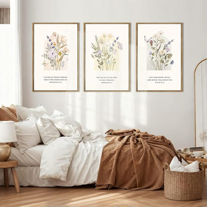 IARTTOP Large Christian Easter Wall Art Framed 16x24 Inch Set of 3 Floral Bible Verse Scripture Artwork Minimalist Botanical Religious Canvas Wall Decor for Church Living room Bedroom