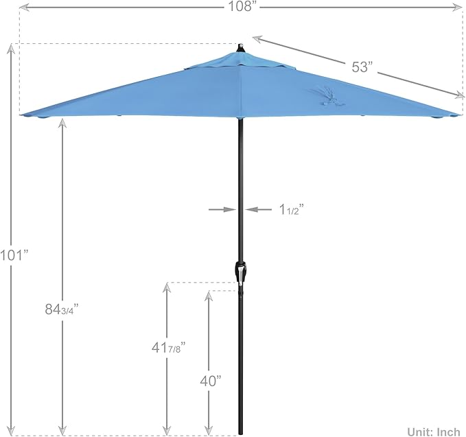 California Umbrella 9' Rd Aluminum Patio Umbrella, Crank Lift, Auto Tilt, Black Finish, Sunbrella Cyan