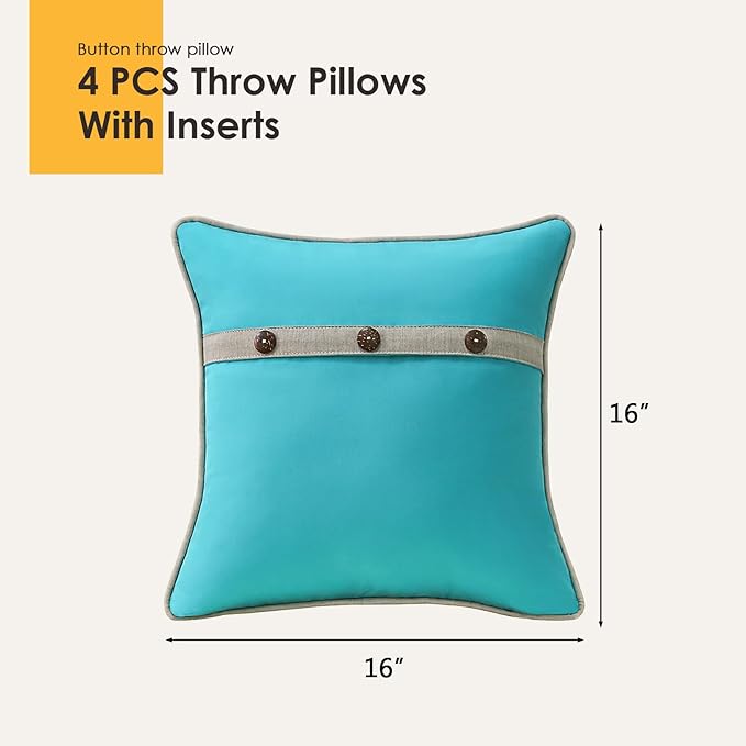 Outdoor Sunbrella Decorative Pillows with Triple Coconut Buttons Pack of 4, 16" x 16" Outdoor Pillow Set for Couch Bed Throw Patio Sofa, Canvas Aruba/Cast Ash