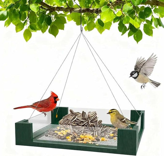 FlowaFoli Platform Bird Feeders for Outdoors - Clear View Hanging Bird Feeder with Acrylic Side Panels, Easy to Observe Birds & Seed Level, Garden Decoration Attracts Cardinal, Blue Jay, Green